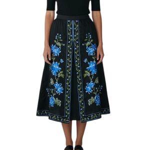 Anne Carson Boho Chic Linen Floral Embroidered A Line Skirt Size 10 Black Blue